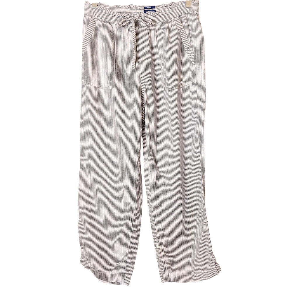 Jones & Co Women's M 100% Linen Wide Leg Pants Striped Blue Pull On Drawstring